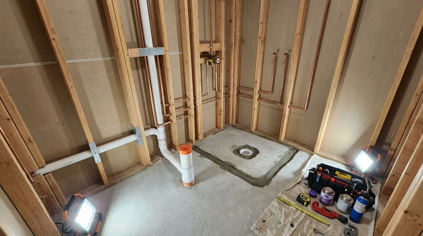 Bathroom rough-in plumbing during remodel by Johns Plumbing LLC in Albers