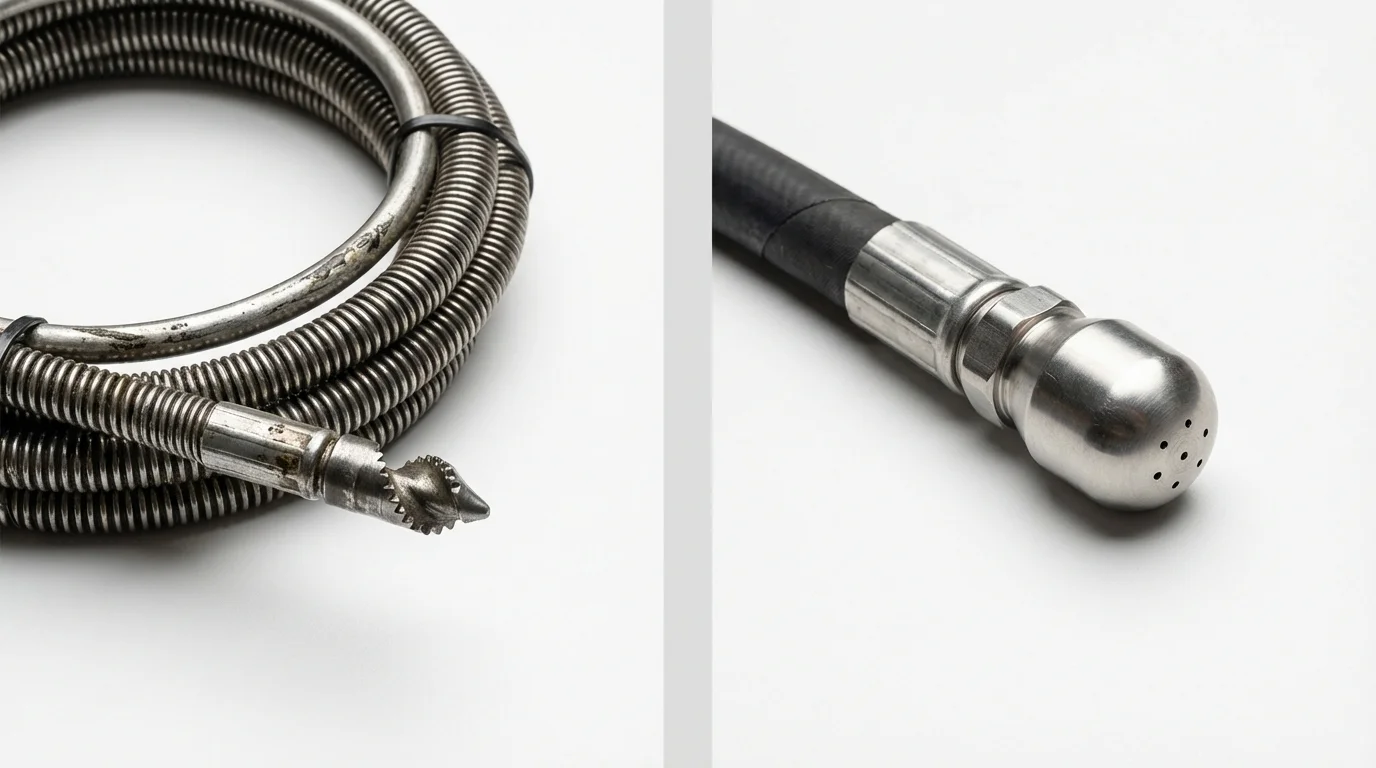 Drain snake cable and hydro jetting nozzle used for drain cleaning in Albers, IL