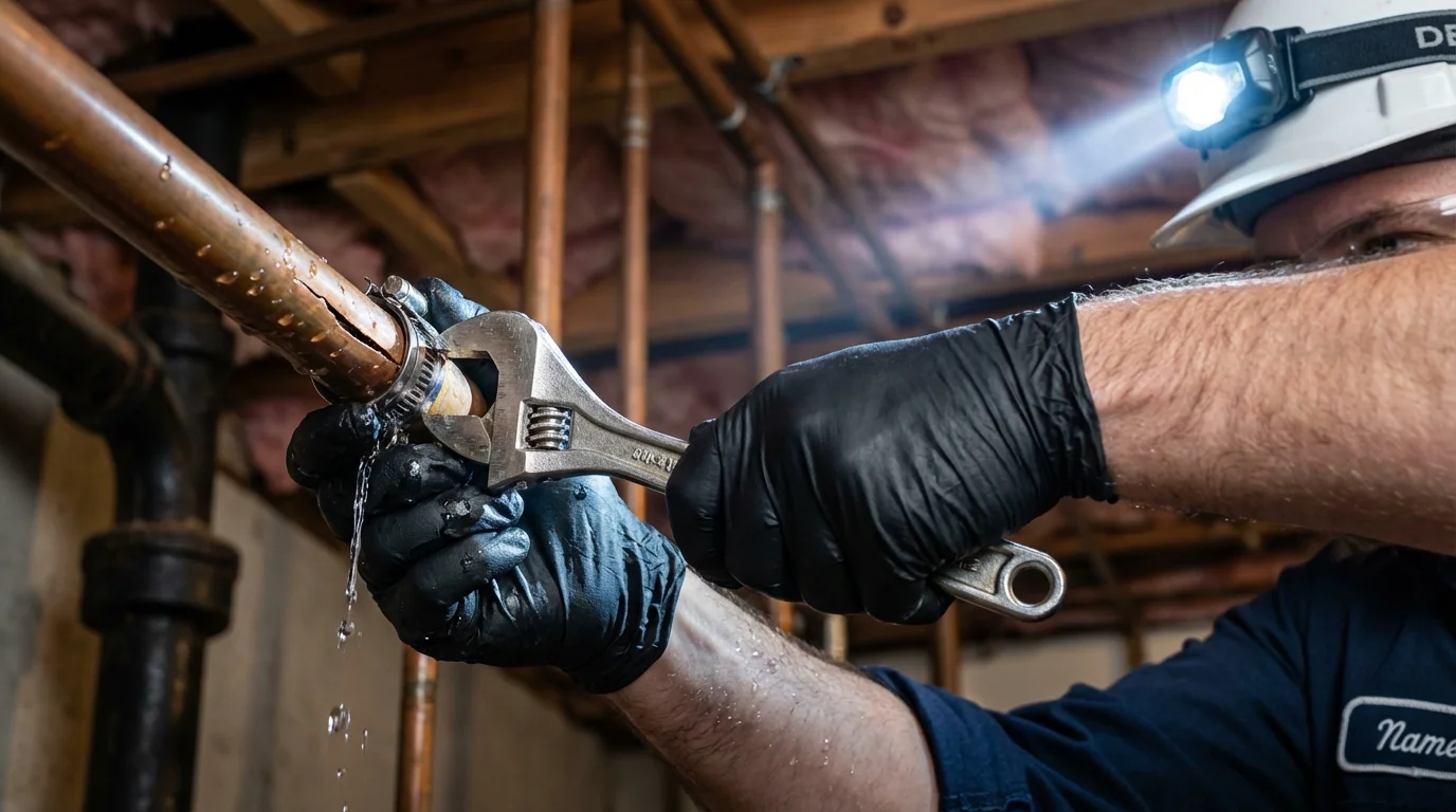 Emergency pipe clamp repair being performed by a Johns Plumbing LLC plumber in Albers