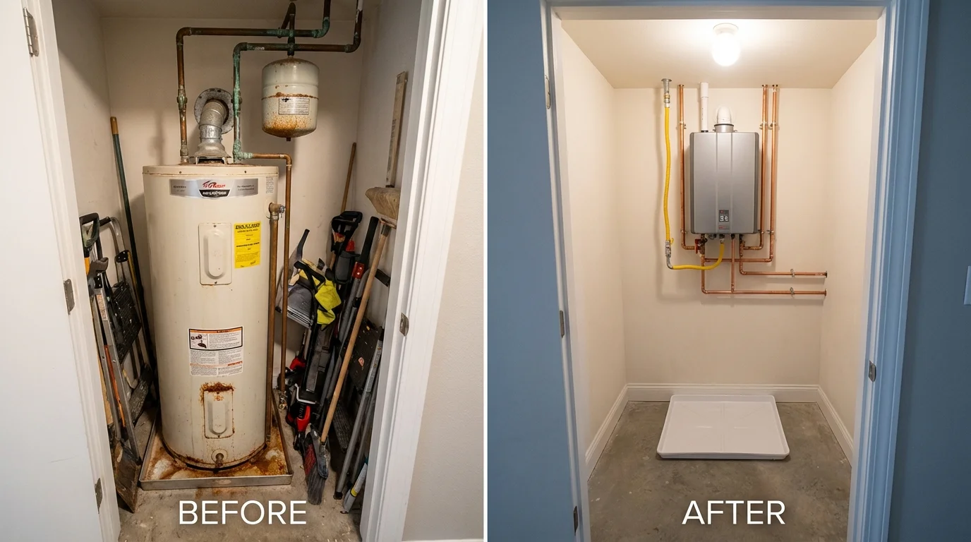 Tank water heater versus wall-mounted tankless unit comparison for Albers, IL homeowners