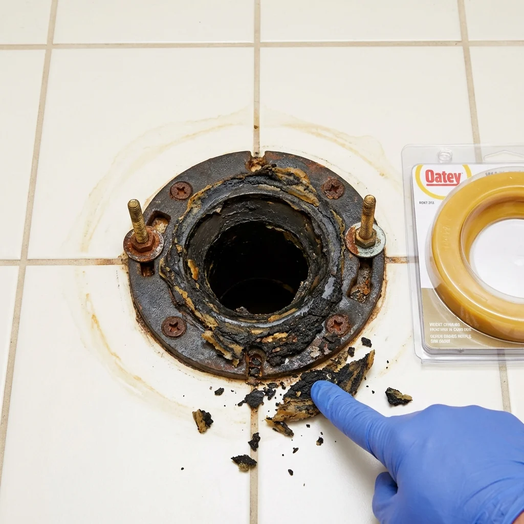 Failed wax ring showing water seepage at the base of a toilet in a Albers, IL home