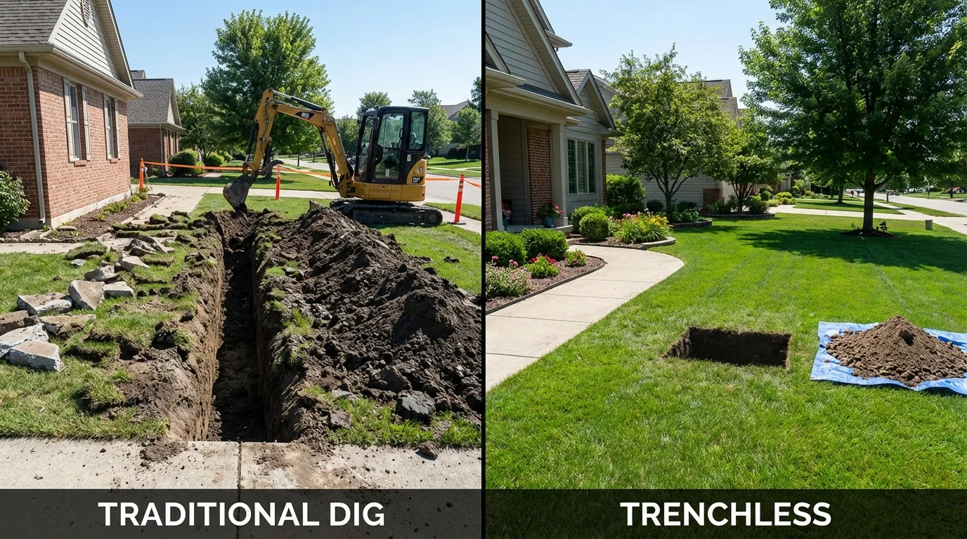Trenchless sewer repair with minimal yard damage versus traditional excavation in Albers, IL