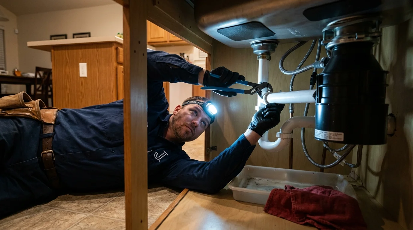 P-trap and supply line connections under a kitchen sink showing a common leak point in Albers, IL